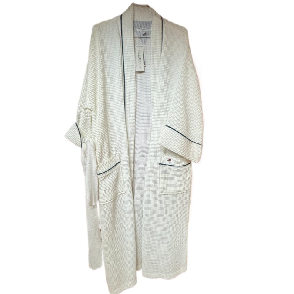 Tommy Hilfiger White Waffle Robe with Black Accents
